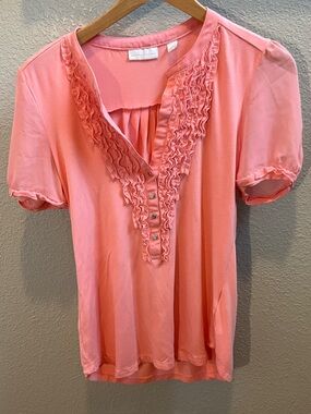 New York & Company Pink Ruffle V-Neck Button Blouse